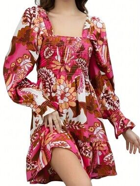 Retro Pink Floral Smocked Dress Size Small Womens
